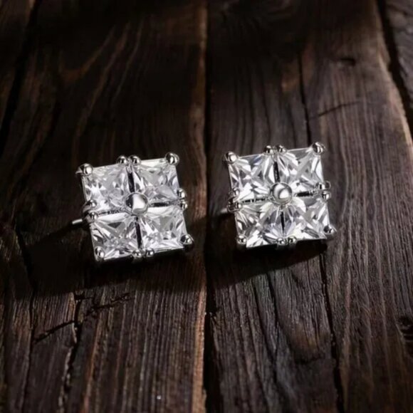 Solid 925 Sterling Silver Mens 2ct Square Diamond Stud Earrings Guys New Jewelry